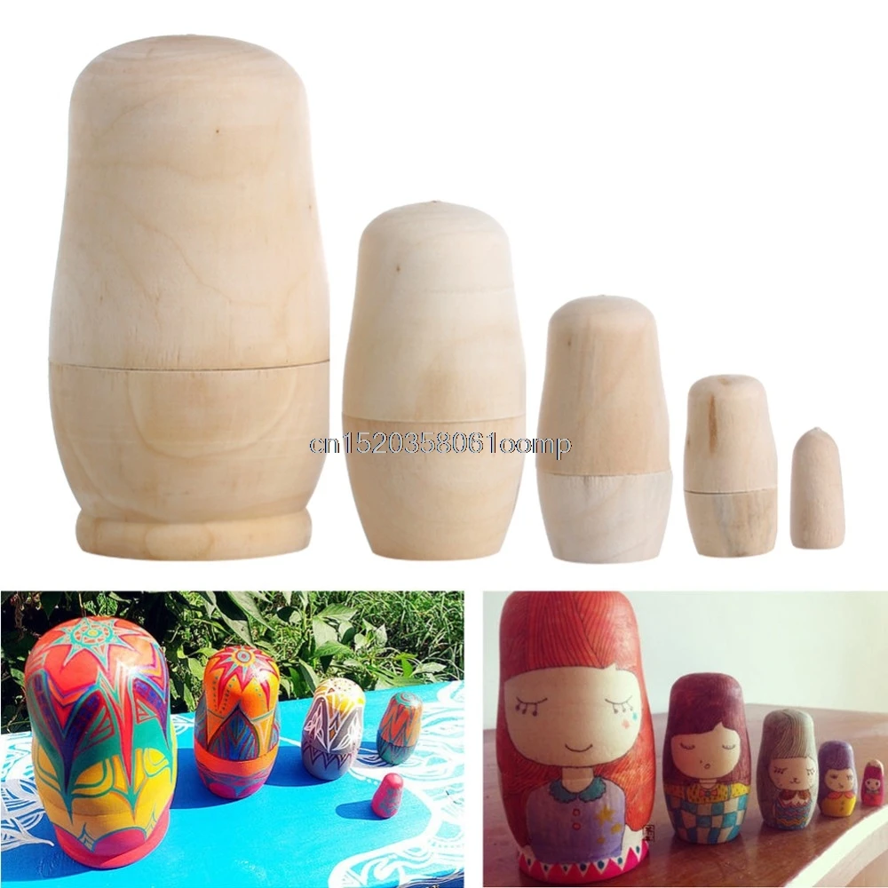 

New 5Pcs/set Unpainted DIY Wood Matryoshka Toy Blank Russian Nesting Dolls Holiday Gift #K4UE# Drop Ship