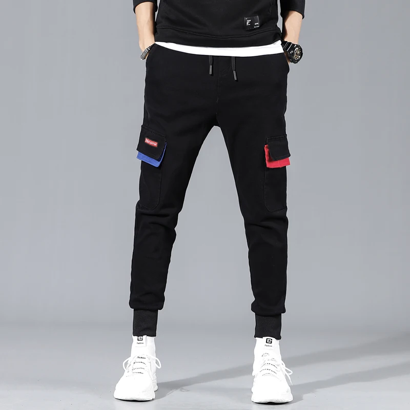 

2019 new men Spring casual elastic waist pants ankle banded modis men's cargo pants trousers black chinos stretch bags fashion