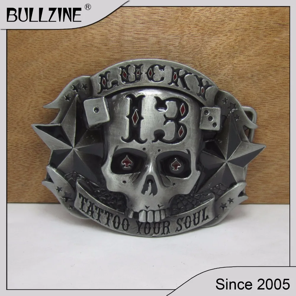 The Bullzine Lucky 13 cool belt buckle with pewter finish FP 02790