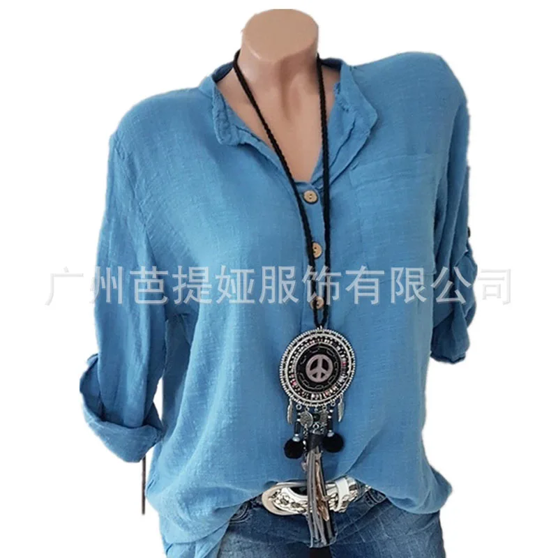 Blusas mujer de moda 2019 летние camisa V образным вырезом элегантные свободные льняные рубашки