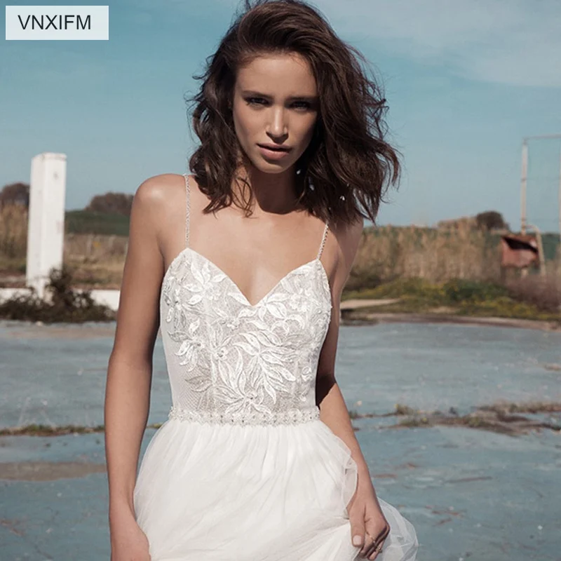 

VNXIFM 2019 Sweetheart Boho Chic Wedding Dresses Spaghetti Straps Twist Lace Chiffon A Line Open Back Bohemian Dress Bridal Gown