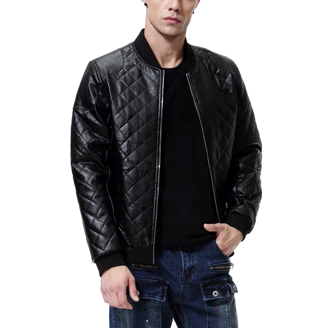 2019 Autumn New England Stand Collar Men's Diamond Wash Leather PU Leather Jacket Coat Baseball Uniform Leather D039