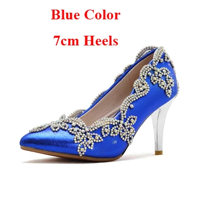 Г. Свадебная обувь под заказ Свадебные вечерние туфли с острым носком обувь для матери невесты на среднем каблуке цвет фуксия, золотой, синий, Размер 13 - Цвет: Blue 7cm Heel