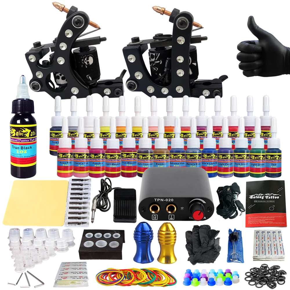 

Solong Tattoo complete professional 2 tattoo Machine Guns set Tattoo Kit 28 Inks Needle Grips power supply TK204-20