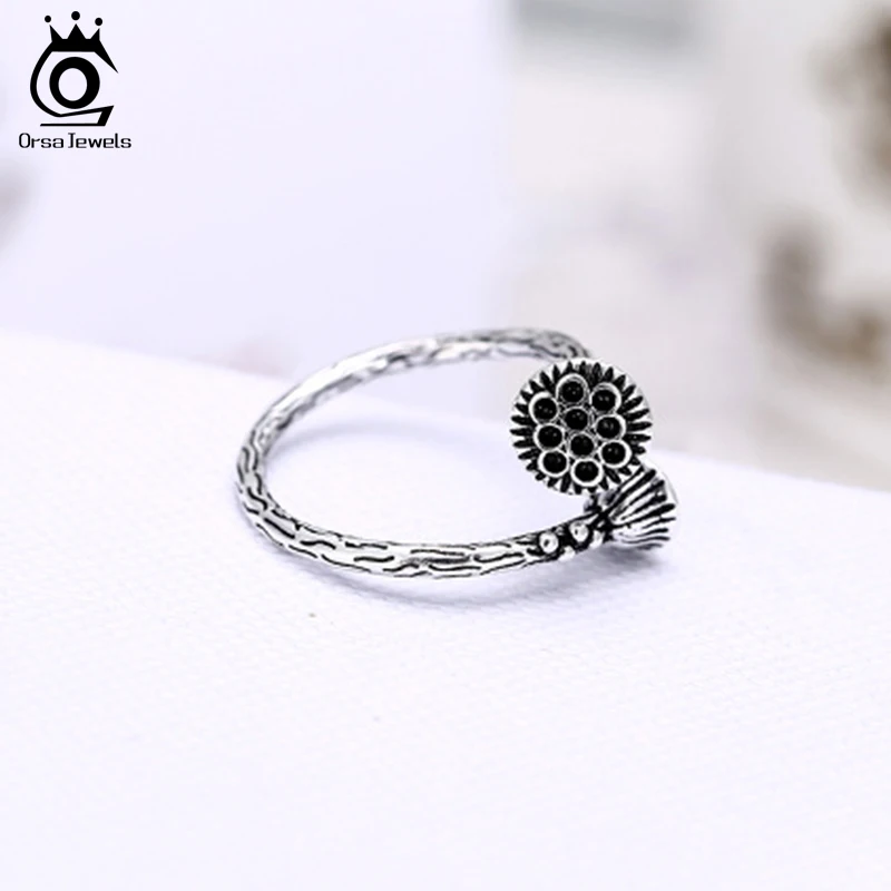 ORSA JEWELS Genuine 925 Sterling Silver Rings For Women Charm Lotus Flower Open Ring Adjustable Creative Anniversary Gift PSR49