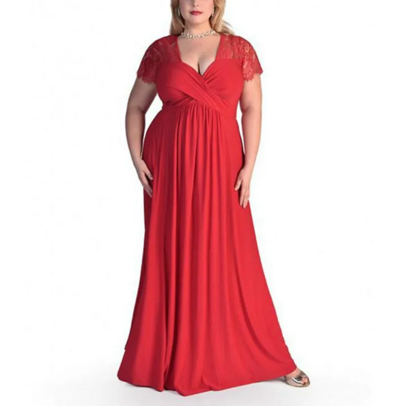 

2019 New V-collar Lace Short Sleeve Loose Fat Crush Plus A Large Type Dress Floor-Length Solid Red Navy Blue Black Formal Dress