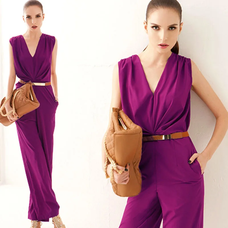 

Long Blue Rompers Womens Jumpsuit Spring Sleeveless Party V-neck Loose Solid Color Elegant OL Work Loose Pants Playsuit MZ1510