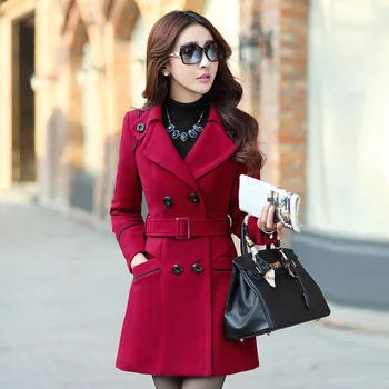 

2017 Female Winter Coat Women Plus Size Woolen Coat Long Sleeve Slim Double-Breasted Autumn Winter Imitation Wool Jacket HJ168