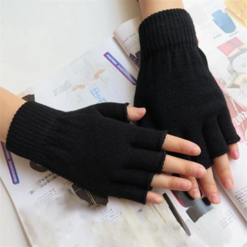 

New Men/Women Black Knitted Stretch Elastic Half Finger Warm Gloves Half Finger Fingerless Gloves Winter Outdoor Equipment
