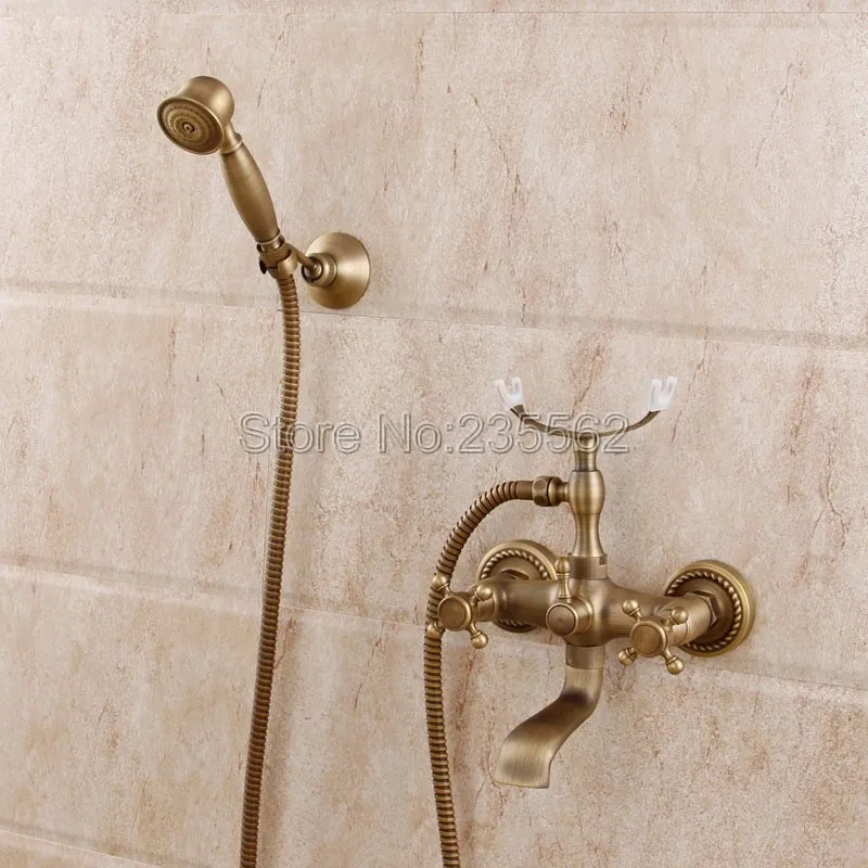 

Wall Mounted Antique Brass Clawfoot Bathtub Faucet telephone style Bath Shower Water Mixer tap with Handshower Ltf352