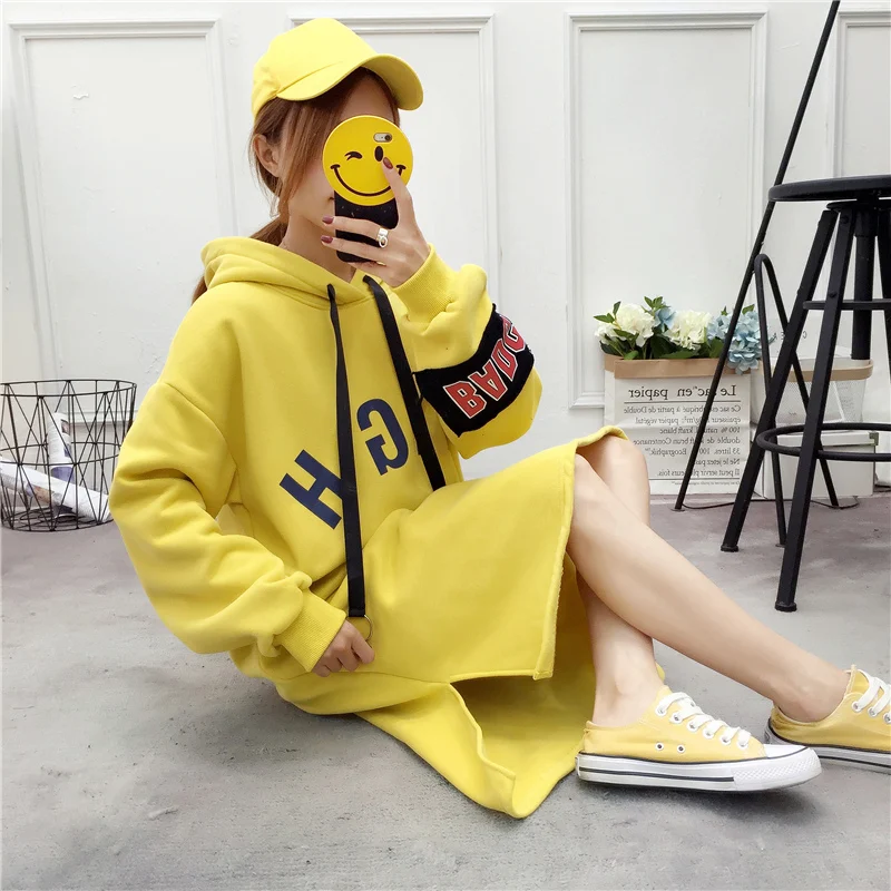 

New Spring Autumn Plus Size Warm Thick Long Sweatshirts Women Casual Letter Print Pullovers Coat Full Sleeve Loose Hoodies Mw441