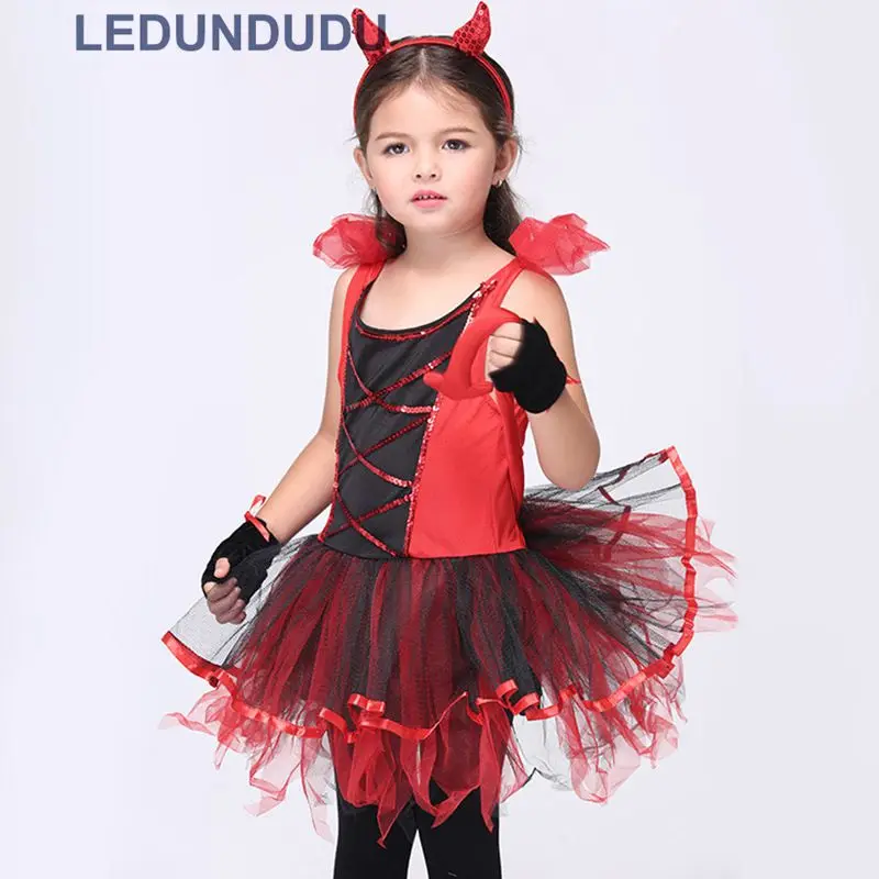 Kids Little Devil Halloween Party Cosplay Costume Girls Red Horror Phantom Cosplay Dress with Arrows Tail (4)