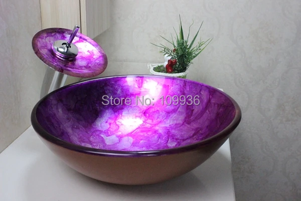 Dark Purple Orchids Tempered Glass Vessel Sink With Waterfull Faucet Set N 295 In Bathroom Sinks From Home Improvement On Aliexpress Com Alibaba