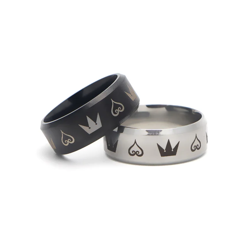 

V298 Quality Stainless Steel The Kingdom Hearts & Crowns Design Matte Center Black Step Men's Ring Jewelry