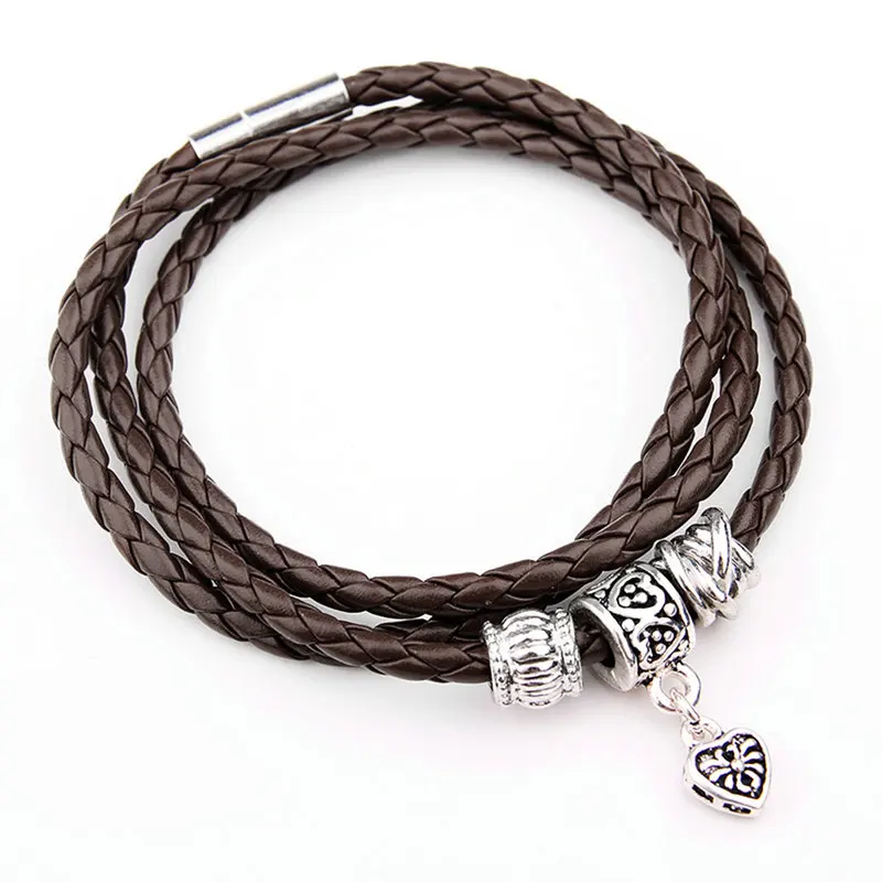 Серебряный Очаровательный черный кожаный браслет для женщин, пять цветов, магнитная застежка, браслет, совместимый с очаровательными ювелирными изделиями HK0311 - Окраска металла: brown