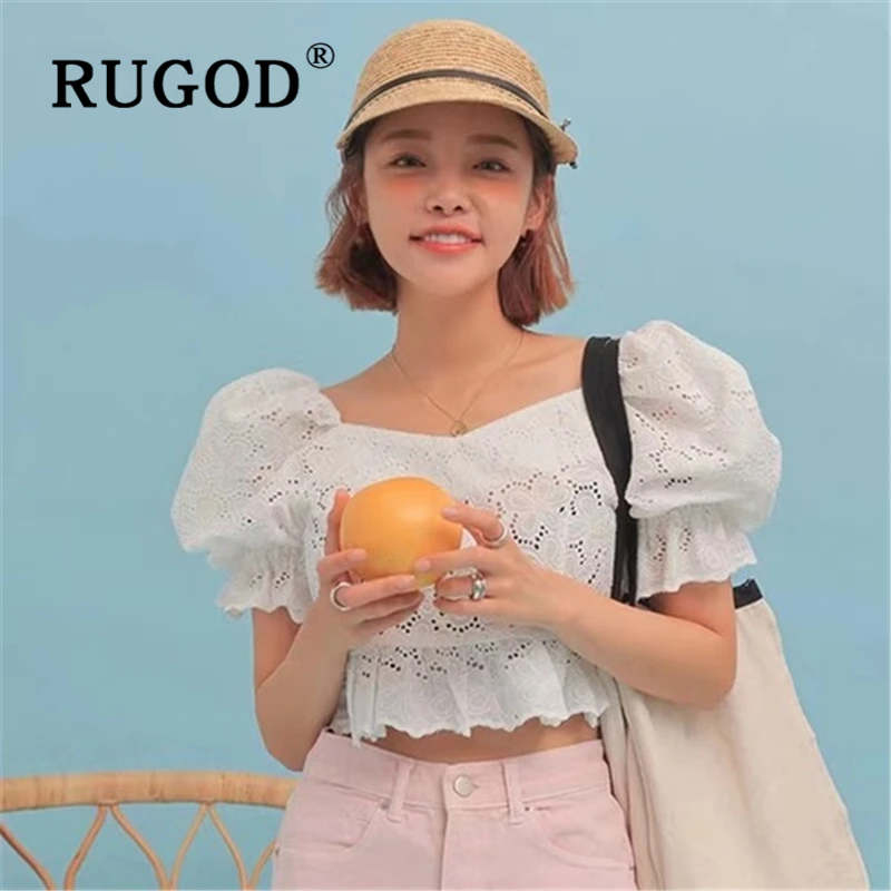 RUGOD элегантная Летняя короткая женская блузка в Корейском стиле с кружевом и