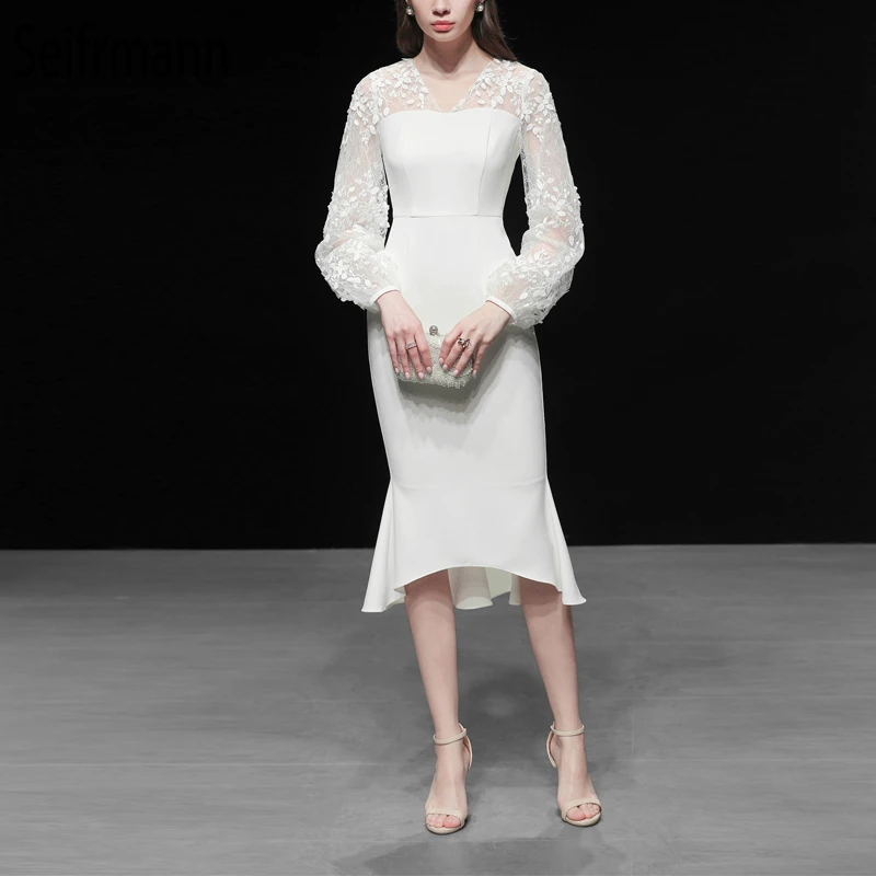 

Seifrmann Women Spring Summer Dress Runway Fashion Designer Sexy V-Neck Mesh Floral Embroidery Elegant Mermaid Party White Dress