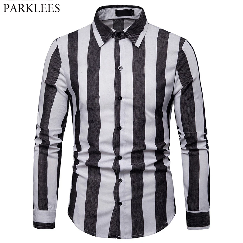 

2019 Fashion Contrast Striped Men Shirt Slim Fit Casual Button Down Dress Shirt Men Long Sleeve Business Social Shirt for Male