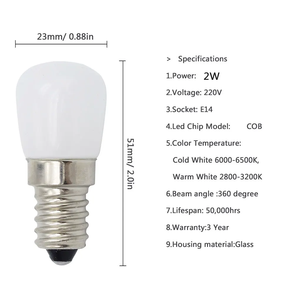 Ampoule E14 2 Вт 220 В светильник для холодильника 200lm светодиодный COB стеклянный