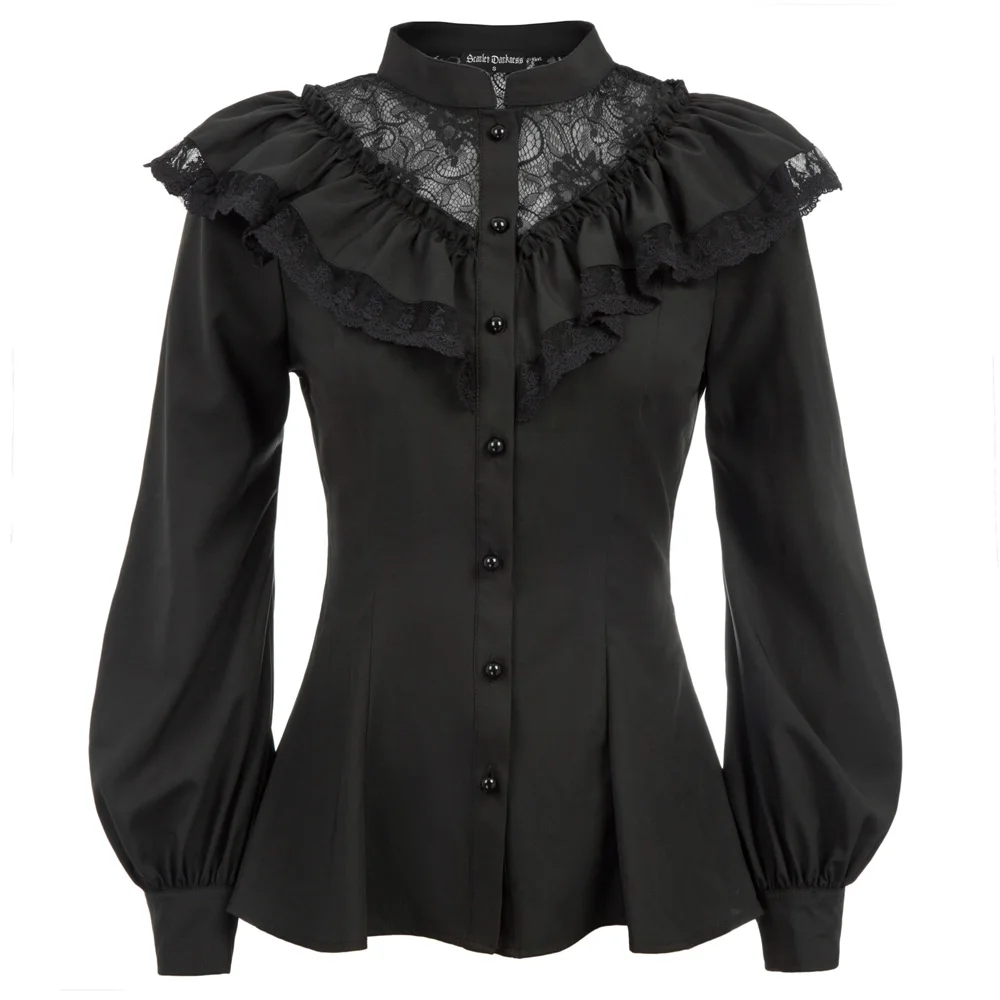 gothic shirt Women vintage blouses spring fall ladies Renaissance Long Sleeve Stand Collar Ruffle Decorated Shirt clubwear Tops - Цвет: Black