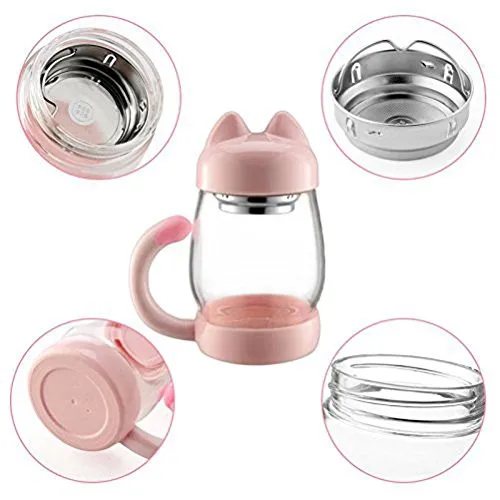 Cat Glass Tea Cup Mug with a Lid Strainer Filter, Cute Cat Coffee Mug Tail Handle for Children Child Cat Lover Christmas Gift 420ML14OZ (Black)2
