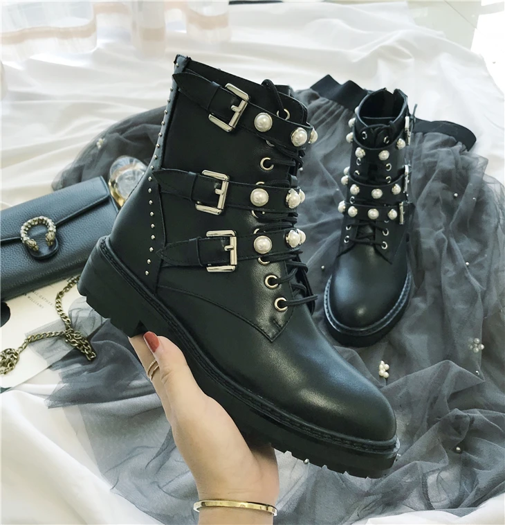 

Autumn Winter Women's Ankle Boots Lace Up Belt Zipper Shoes Med Heel Pearls Rivets Buckle Motorcycle Black F2