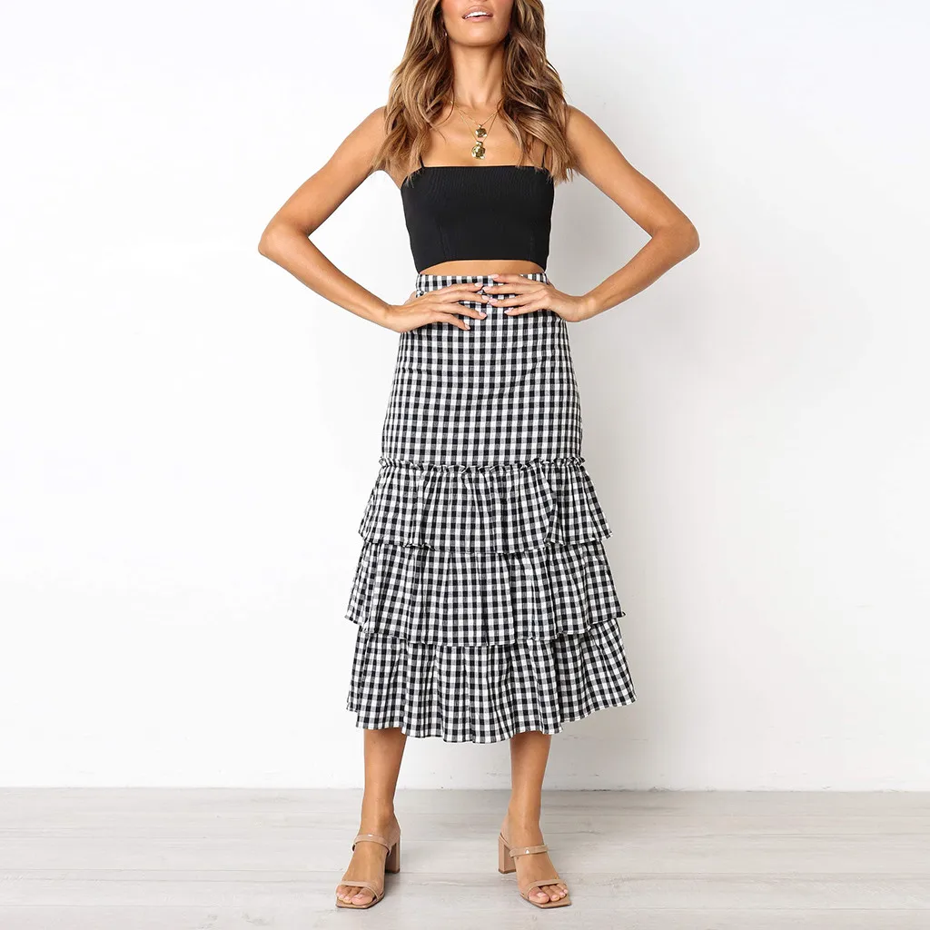 

Women Clothing Summer Plaid Printing Party Chiffon High Waist Lace-up Hip Long Beach Skirt Fashionable Jupe Femme #7
