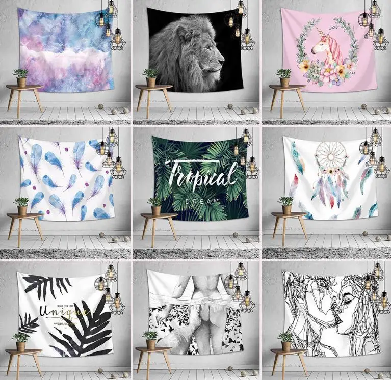 

Leaves Tropical Tapestry Printed leather Unicorn Wall Hanging Art Blanket Banner Flag Bedroom Dorm Decor party background modern