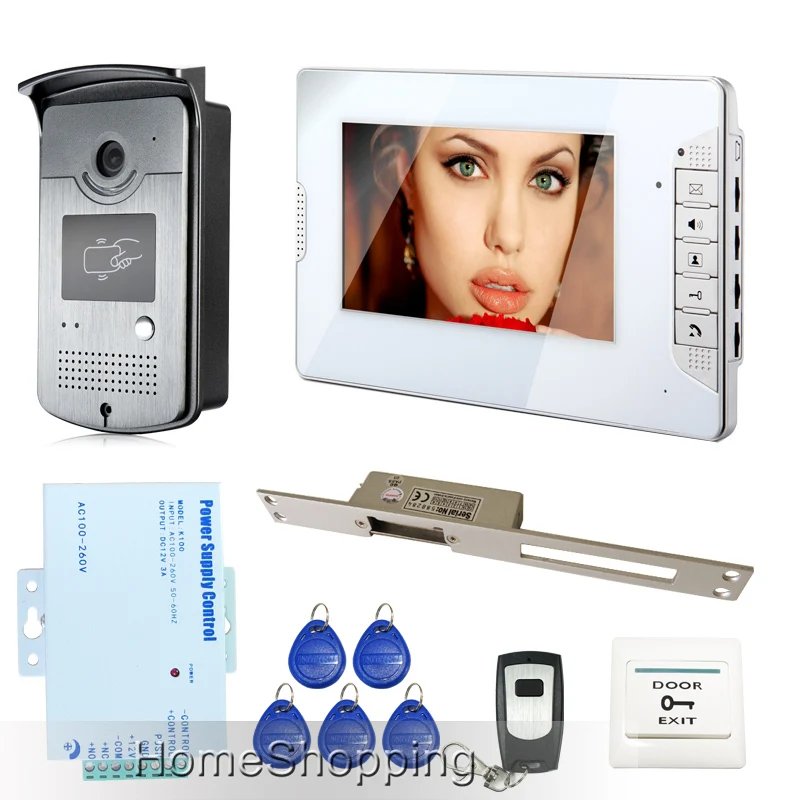 

Brand New 7 inch Color Video Door Phone Intercom System + 1 White Monitor + RFID Access Camera + 250mm Strike Lock FREE SHIPPING