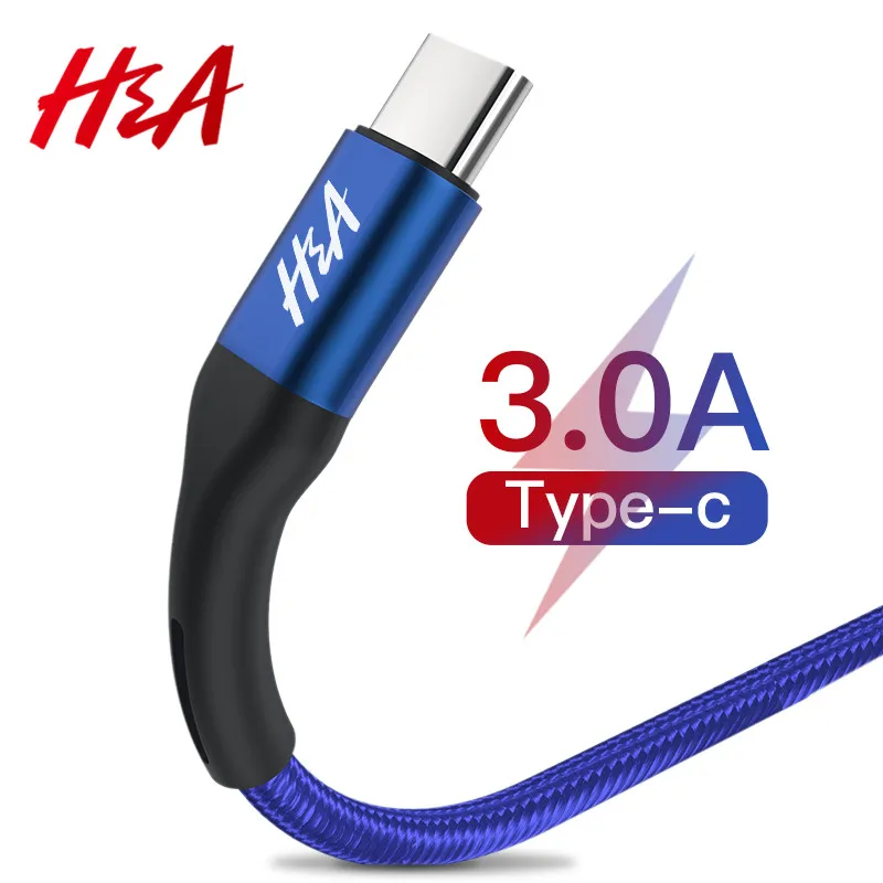 H&A USB Type C Cable For Samsung Galaxy S10 S9 S8 Plus Xiaomi mi 9 Fast Charging USB-C Charger Mobile Phone USBC Type-C Cable
