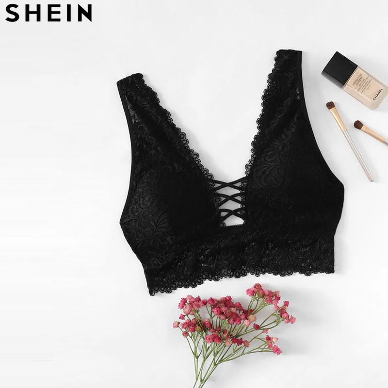 Shein Black Sexy Strappy Lace Bralette Women Bra Summer 2018 Fashion Sheer Lace Bralette Bras