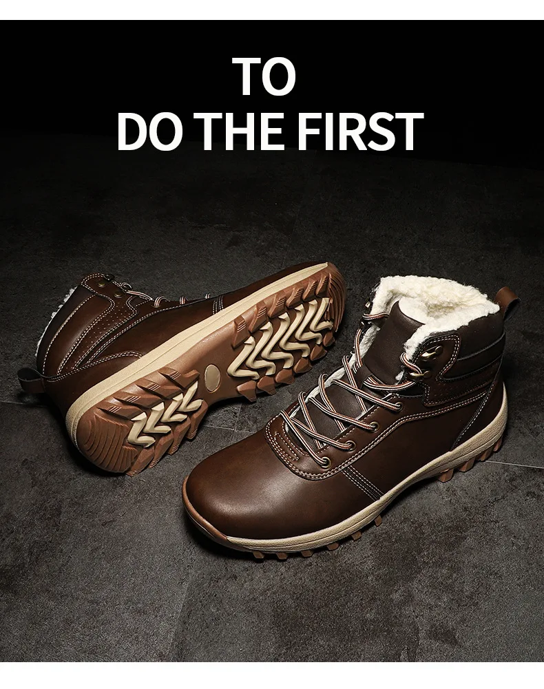 Обувь из натуральной кожи, мужские рабочие ботинки, большой размер, зимние теплые высокие ботинки на шнуровке на плоской подошве с мехом