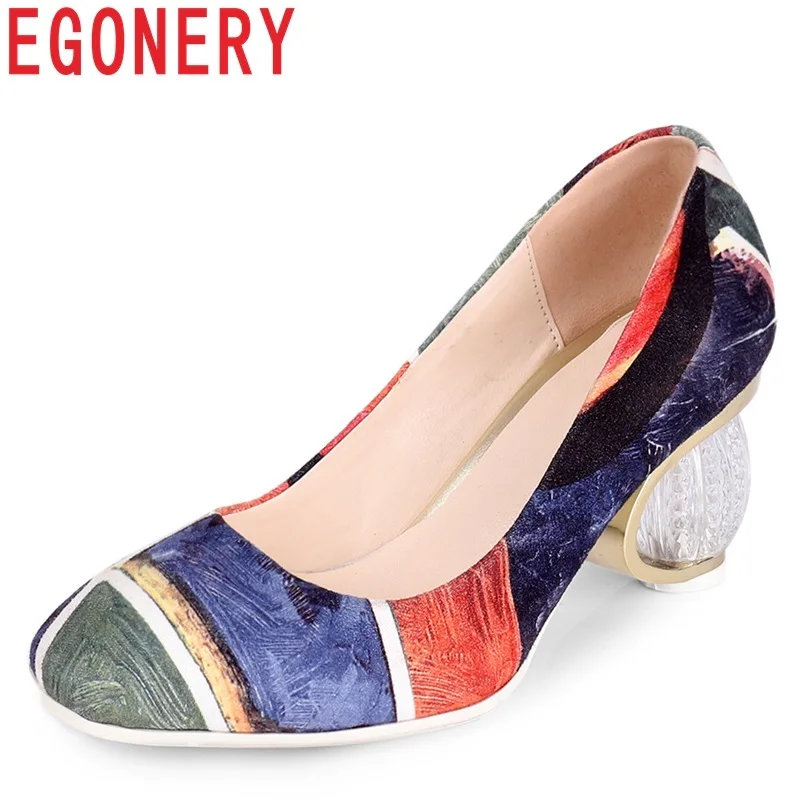 

EGONERY 2019 newest fashion women pumps 7.5 cm strange style square toe shallow mixed colors women shoes outside slip-on shoes