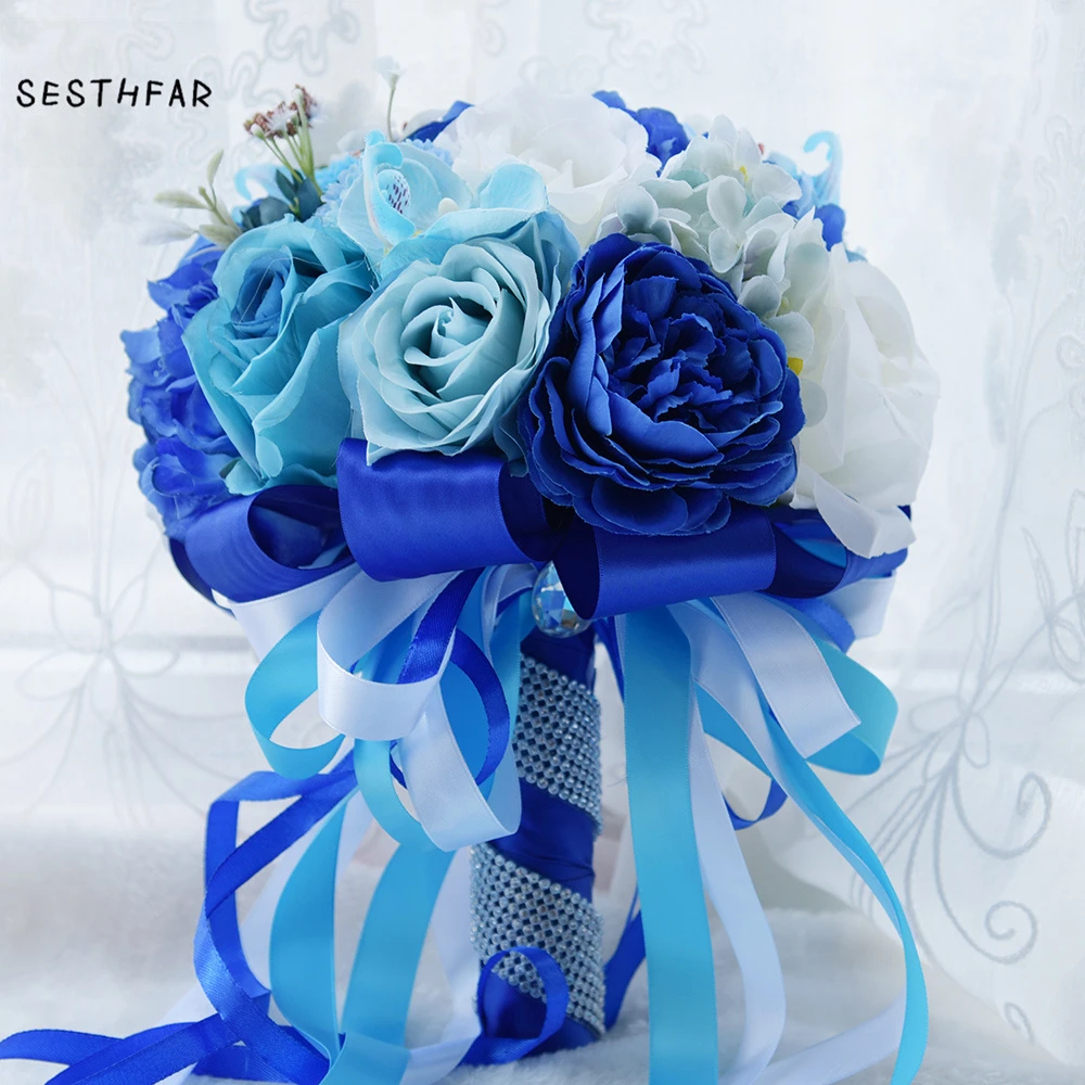 Bouquet de fleurs artificielles pour mariée, meilleur Bouquet de mariage  bleu Royal avec Rose blanche, expédition rapide | AliExpress