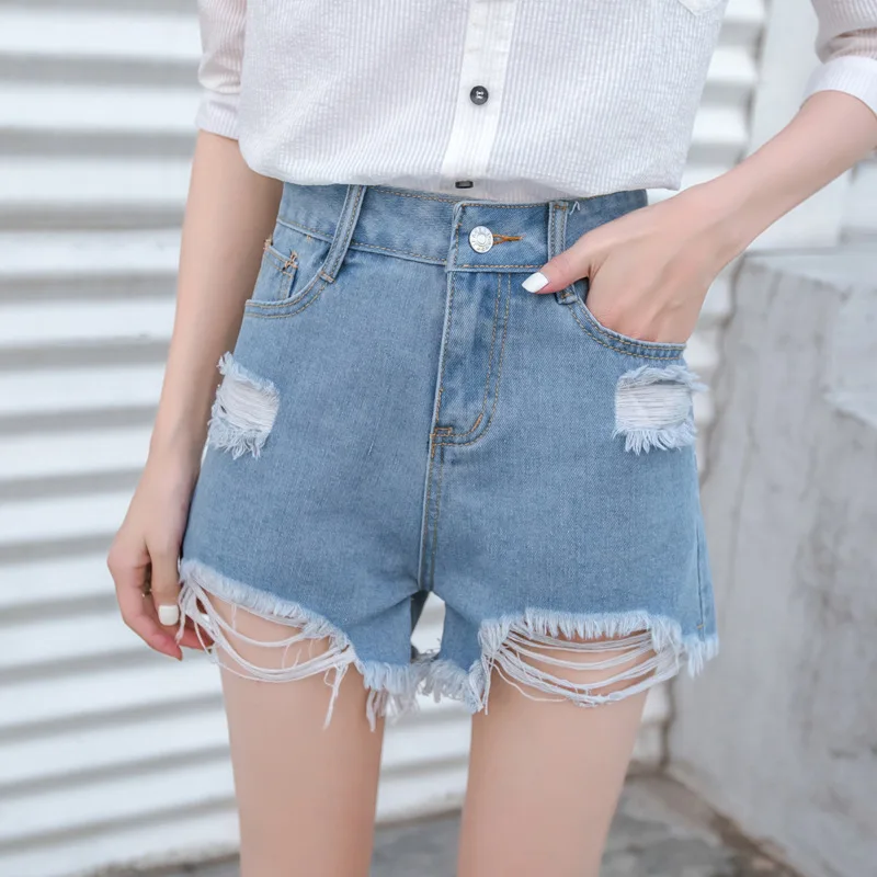 

High waist holes and burrs cowboy shorts female students loose broad leg hot pants children 2018 summer new LQ 0114