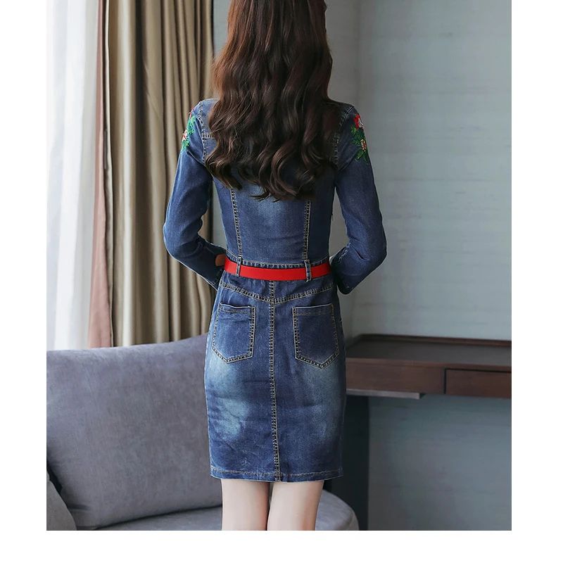 Slim Flower Embroidered Denim Dresses Long Sleeve Button Down Denim Dress Women Casual A Line Knee Length Jeans Dress Plus Size