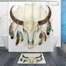 Акварельный буйвол череп животное перо занавеска и коврик набор, индийская Мандала Цветок шторы для ванной из водонепроницаемой ткани занавес
