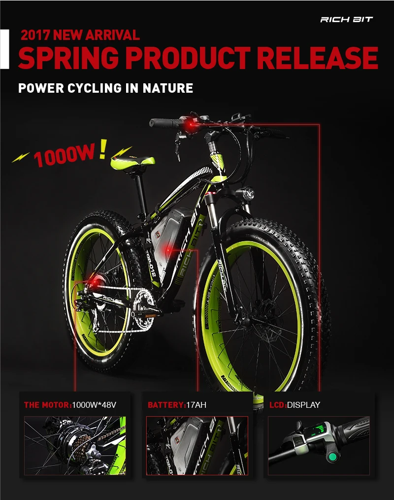 Excellent RichBit Electric Bike Powerful Fat Tire Electric Mountain Bike 48V 17AH 1000W eBike Beach Cruiser 21 Speed Electric Snow Bicycle 1