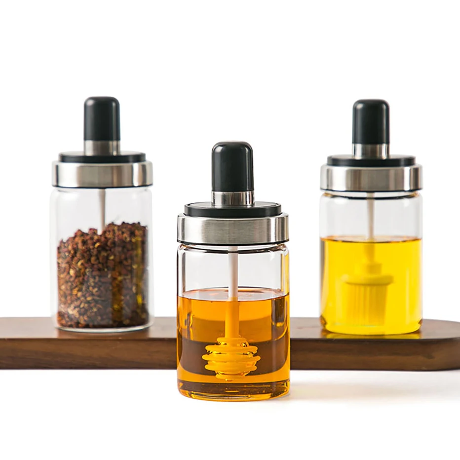 

KHGDNOR Transparent Sauce Bottle Condiment Dispenser Bottle with Spoon Brush Honey Stick Salt Oil Squeezer