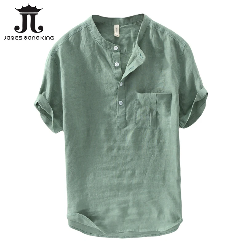 Fashion linen shirts men summer short sleeve cotton linen solid tops