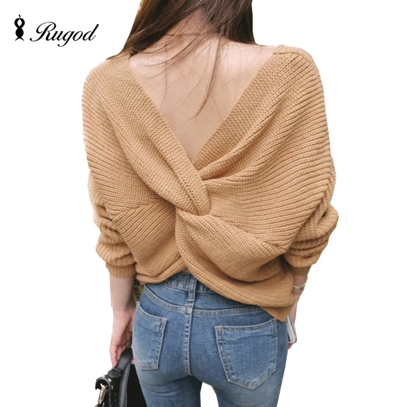 

Sexy Backless Reversible Off Shoulder Sweater 2018 Pull Femme V Neck Cross Back Women Oversized Sweaters Long Sleeve Jumpers