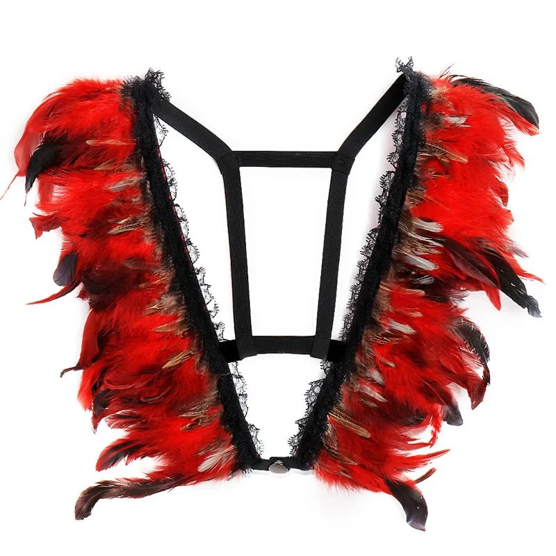 Red Women Feather Epaulette Body Harness Adjust Stappy Tops Cage Bra