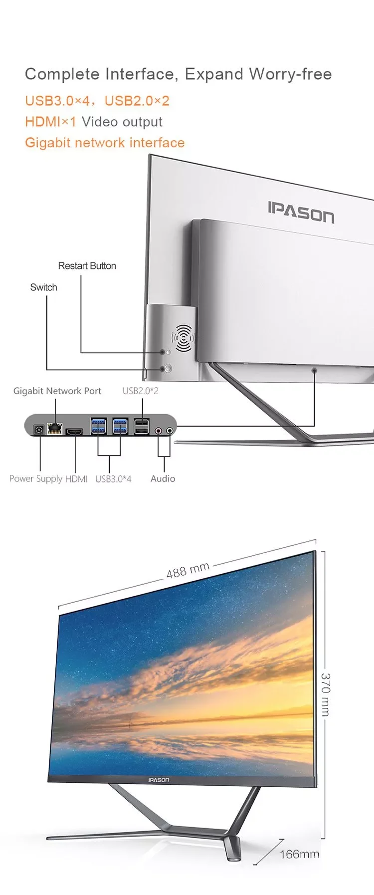 IPASON все-в-одном компьютере P21 плюс 23,8 дюймов AMD 4 ядра R5 2400 г, размеры для возраста от 1+ 120G SSD DDR4 сети 4G* 2 Оперативная память WI-FI BLUETOOTH настольный мини-ПК