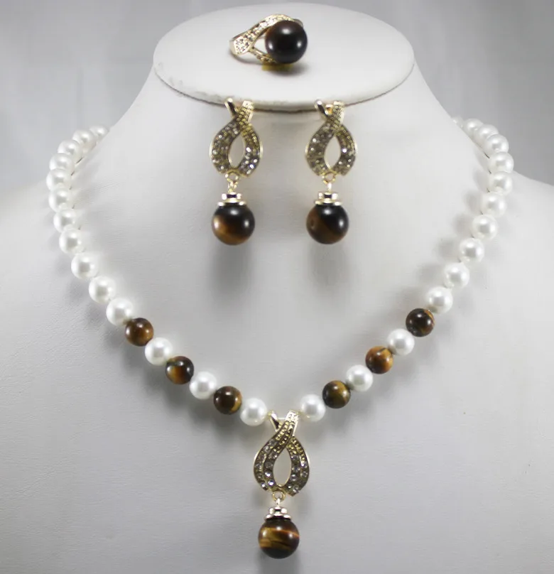 

wedding jewelry set!Wholesale simple and noble Women's white pearl/tiger eye stone Necklace earring ring(7/8/9) set #212 (D)