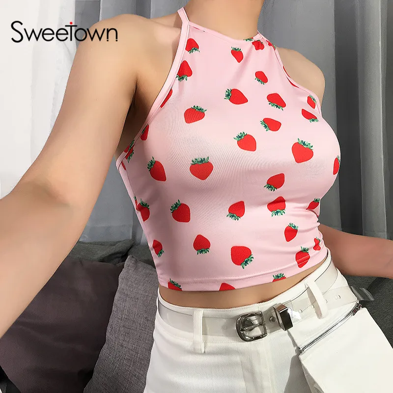 

Sweetown Off Shoulder Strapless Tank Tops Women Summer 2019 Pink Backless Sexy Strawberry Print Sweat Top Cropped For Women