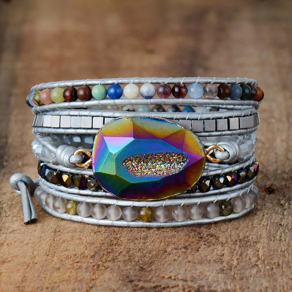 

Fashion Bangles Bracelets Designer Leather Bracelet Natural Stones Mix 5 Strands Woven Wrap Bohemian Bracelets Dropship