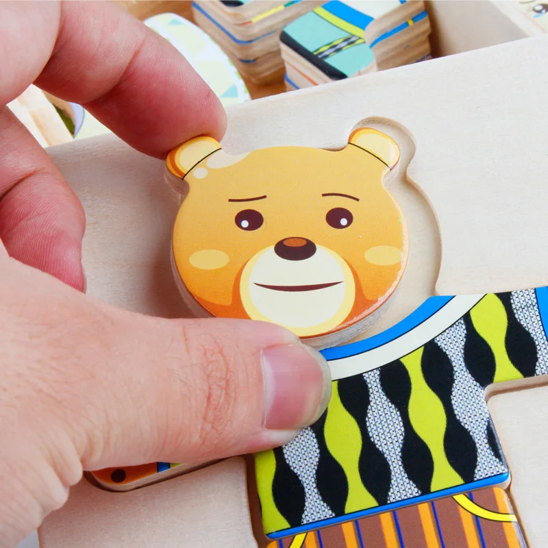 Wooden Toy Montessori Cartoon Animal Changing Clothes Jigsaw Dress Changing Shape Matching Puzzle Educational Toys For Children 2