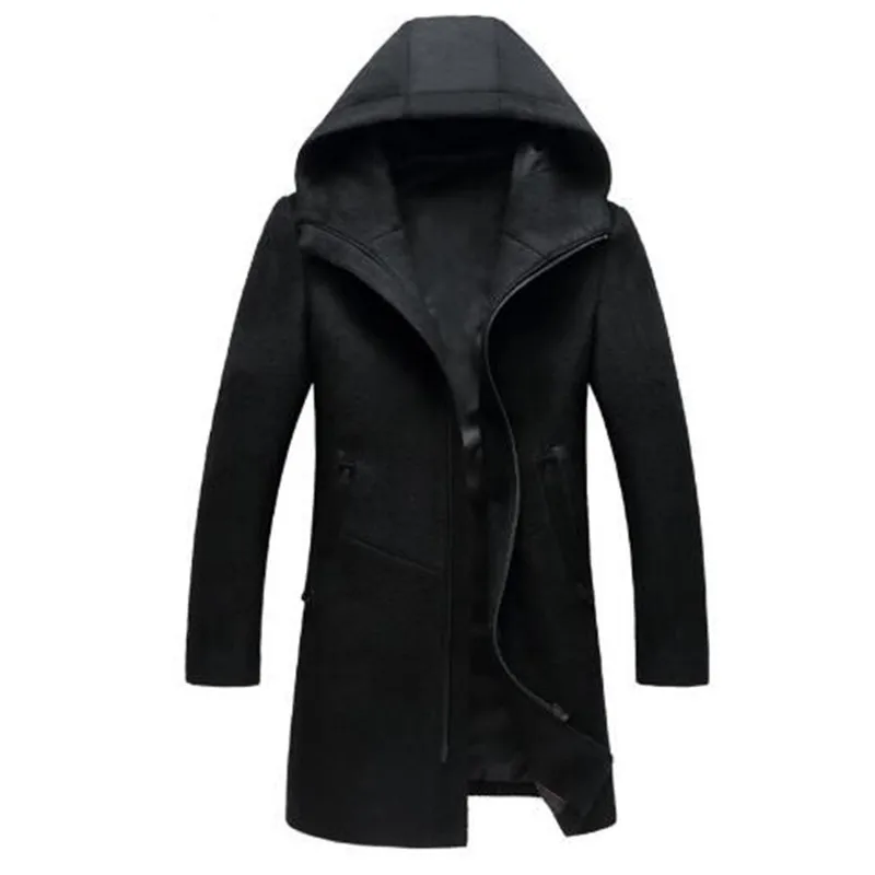 

Mens Hooded Wool Coat Fashion Zipper Pea Coat Jackets Slim Men Long Coats Winter Warm Hoodies Jacket Men