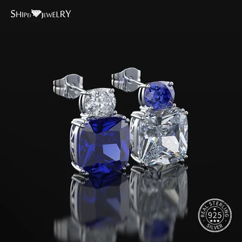 

Shipei 100% 925 Sterling Silver Unique Hypoallergenic Sapphire Princess Square Stud Earrings for Women Female Anniversary Gift
