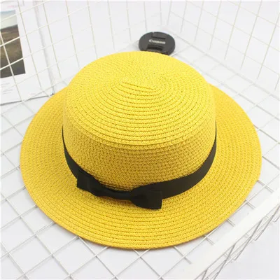 Seioum/ ; соломенная шляпа на плоской подошве для защиты от солнца; шляпа-канотье для девочек; летние женские шляпы с бантом; пляжная соломенная шляпа на плоской подошве; соломенная шляпа; chapeau femme - Цвет: yellow